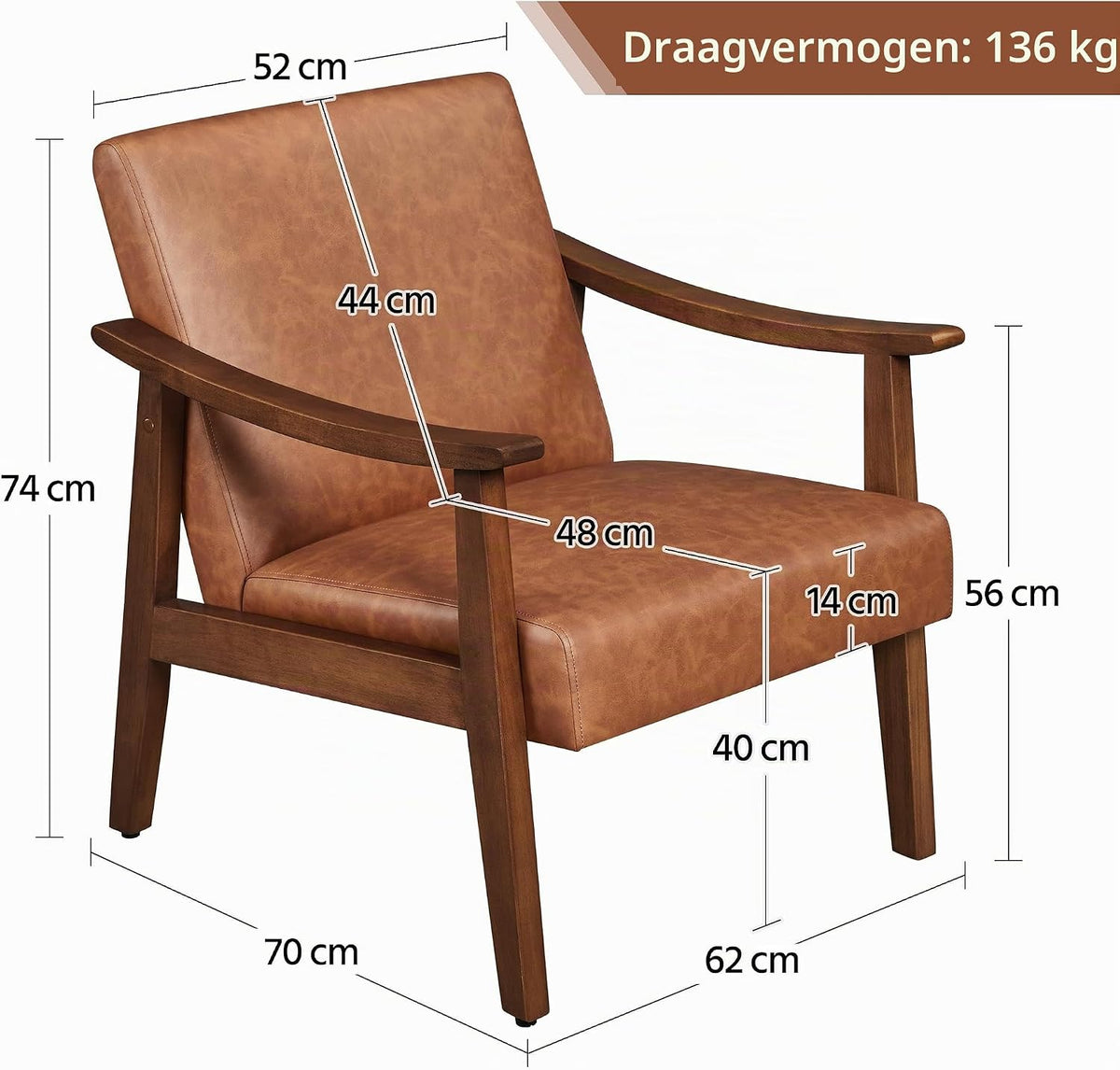 Yaheetech Retro loungestoel 62 × 70 × 74 cm – lichtbruin, rubberhouten armleuningen, draagvermogen 136 kg
