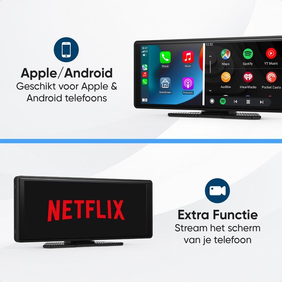 CarMe CarPlay Scherm 10 Inch - Apple CarPlay & Android Auto (Draadloos) - Touchscreen - Navigatiesysteem auto - Geschikt voor Apple CarPlay & Android Auto - Android Auto scherm