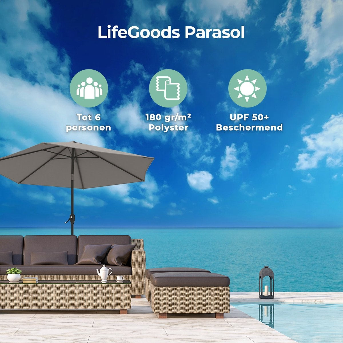 LifeGoods Parasol - Ø270 cm - 30° Kantelbaar - Waterdicht - met Hoes - Taupe