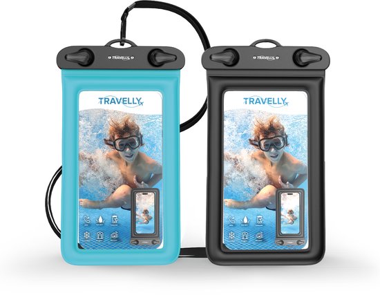 Travelly ® Waterdicht Telefoonhoesje Set van 2 – Universeel Onderwater Hoesje voor Smartphone – Geschikt voor alle telefoons – Drybag – Voor Vakantie, Zwemmen & Watersport – Zwart/Blauw