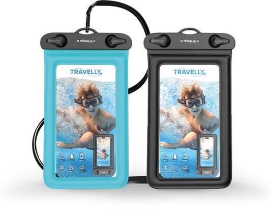 Travelly ® Waterdicht Telefoonhoesje Set van 2 – Universeel Onderwater Hoesje voor Smartphone – Geschikt voor alle telefoons – Drybag – Voor Vakantie, Zwemmen & Watersport – Zwart/Blauw