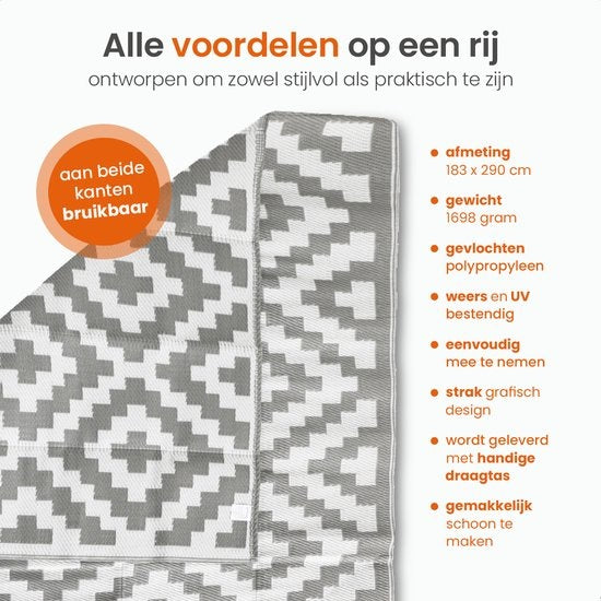 Goliving Buitenkleed Summer Diamond – Tuintapijt – Buitentapijt – Vloerkleed – Tuinkleed – Omkeerbaar – Incl. Draagtas – 183 x 290 cm – Grijs/Wit