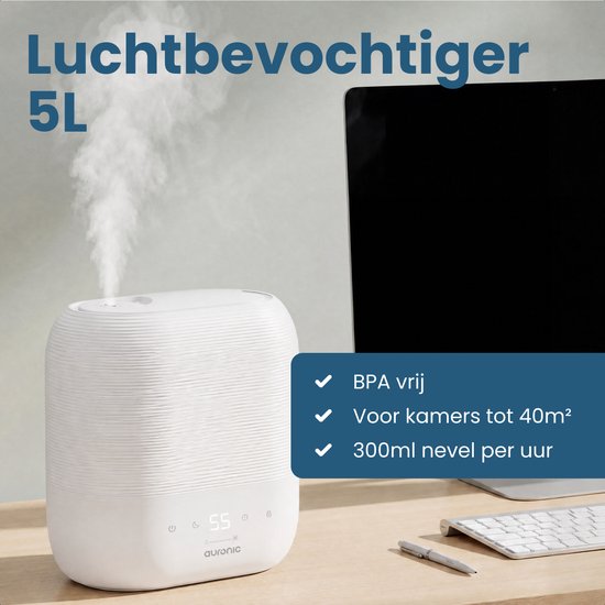 Auronic Luchtbevochtiger - 5L - Geschikt voor Slaapkamer, Babykamer, Kantoor, Woonkamer en Meer - Humidifier - BPA-Vrij - Wit