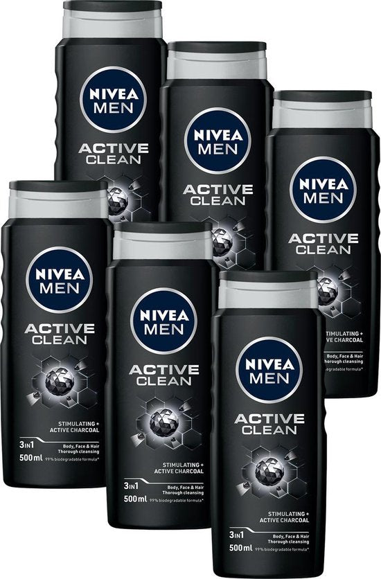 NIVEA MEN Active Clean Douchegel - 3-in-1 Shower Gel Met natuurlijk actief houtskool - Shampoo - Voordeelverpakking - 6 x 500 ml
