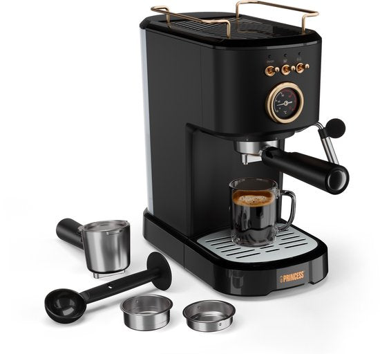 Princess 249417 Espressomachine – 20 Bar – Geschikt voor Gemalen Koffie, Pads & Cups – Met Melkopschuimer – 1,2L Watertank – 2 Kopjes Tegelijk – Kopjesverwarmer – Zwart – Cappuccino & Latte Machine
