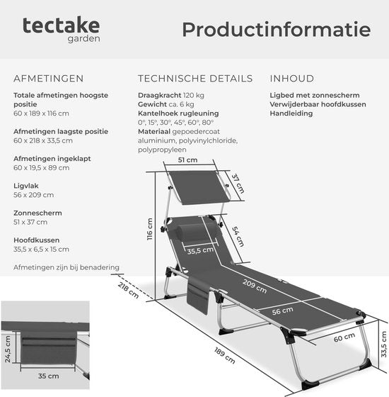 tectake® Ligbed Aurelie met zonneluifel en hoofdkussen - Ligstoel - Zonnebed - Opklapbare balkonligstoel van aluminium - Weerbestendige tuinligstoel voor tuin, balkon, camping en strand - Verstelbare rugleuning met kussen - Antraciet