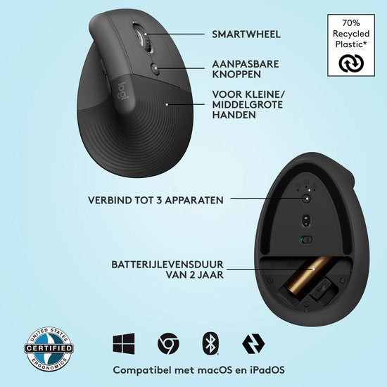 Logitech Lift - Verticale ergonomische muis - Rechtshandig - Donkergrijs