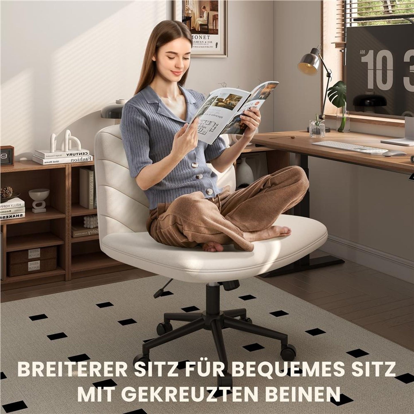 Yaheetech Bureaustoel Brede Zitting - Ergonomische Draaistoel met Rugleuning - In Hoogte Verstelbaar - 66x64,5x82-91,5 cm - Beige