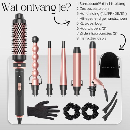 Sansbeauté® 6 in 1 Krultang met Klem - Keramische Haarkruller - 13mm tot 38mm - Föhnborstel Kort Haar - Warmteborstel - Krultangen - Thermal Brush - Haarstyler - Krulborstel 5 in 1