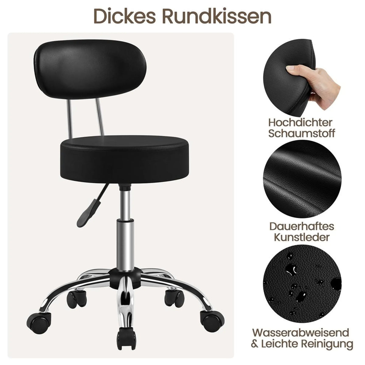 Yaheetech Barkruk Make-upstoel – 52 x 44,5 x 75,5-85 cm – Voorzien Van 10 cm Dik Zitkussen En 360° Rotatie En Verchroomd Metalen Frame – Voor Salon En Kaptafel – Zwart Kunstleer En Metaal