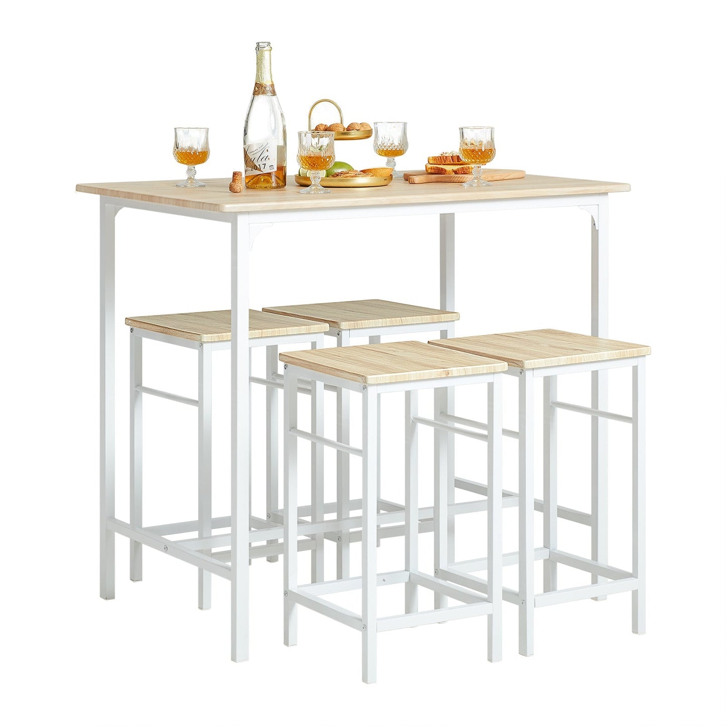 SoBuy Bartafel met 4 Krukken - Modern - max. 120 kg - Wit / Bruin