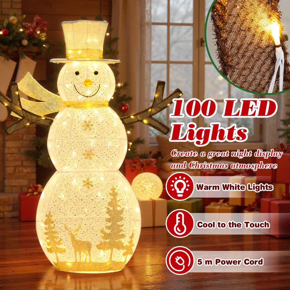 Coast LED Sneeuwman Kerstdecoratie - 100 warmwitte LED-lampen - 141 cm hoog - met hoed en sjaal - wit