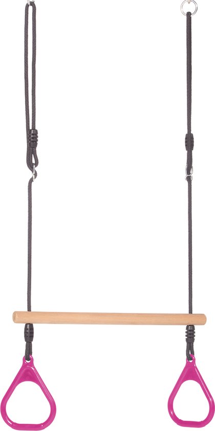 Dice - Houten Ringtrapeze met Kunststof Ringen Roze - Zwart Gevlochten Touw