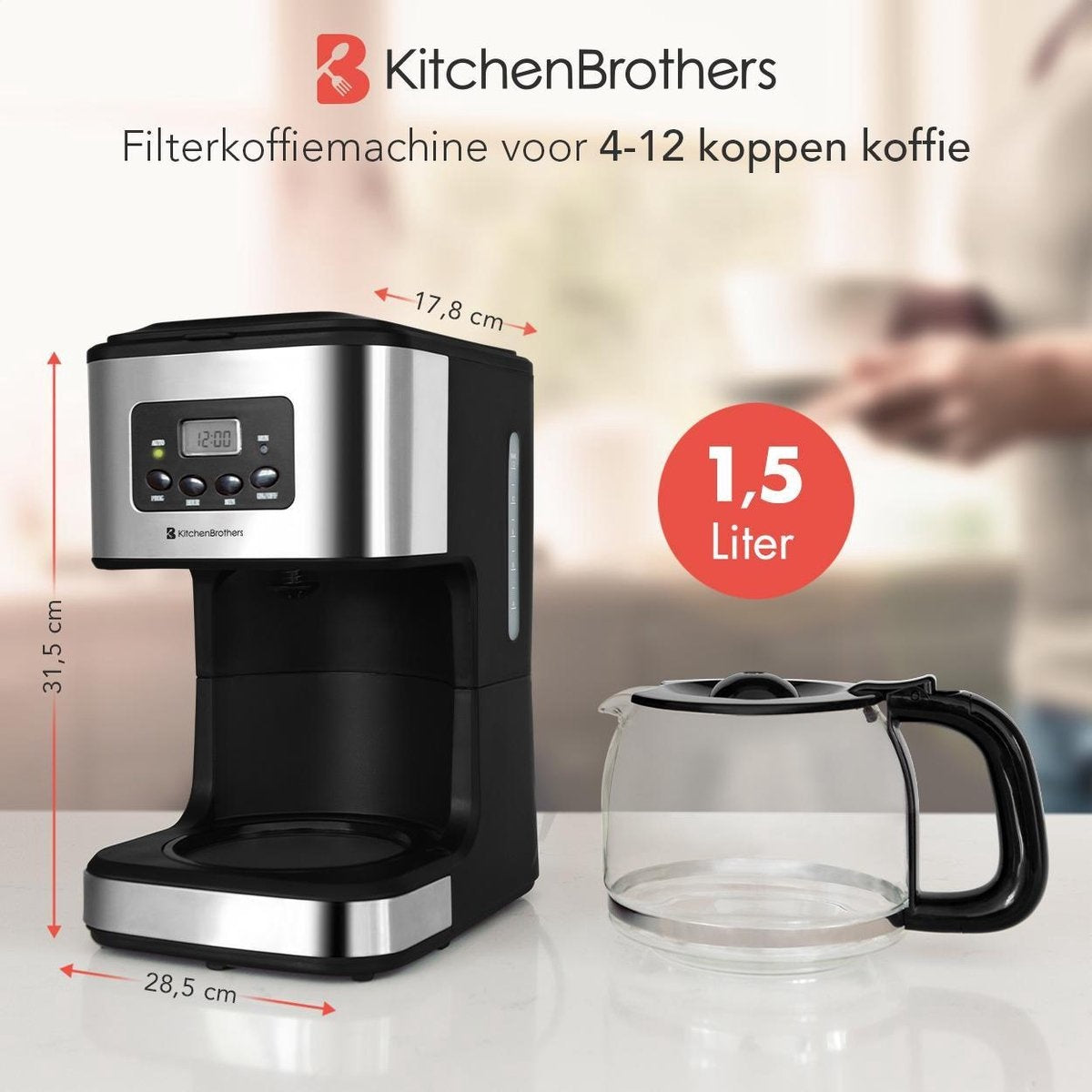 KitchenBrothers Koffiezetapparaat - Koffiemachine incl. Glazen Kan - 1,5L - Herbruikbare filter - Timerfunctie - Zwart/RVS