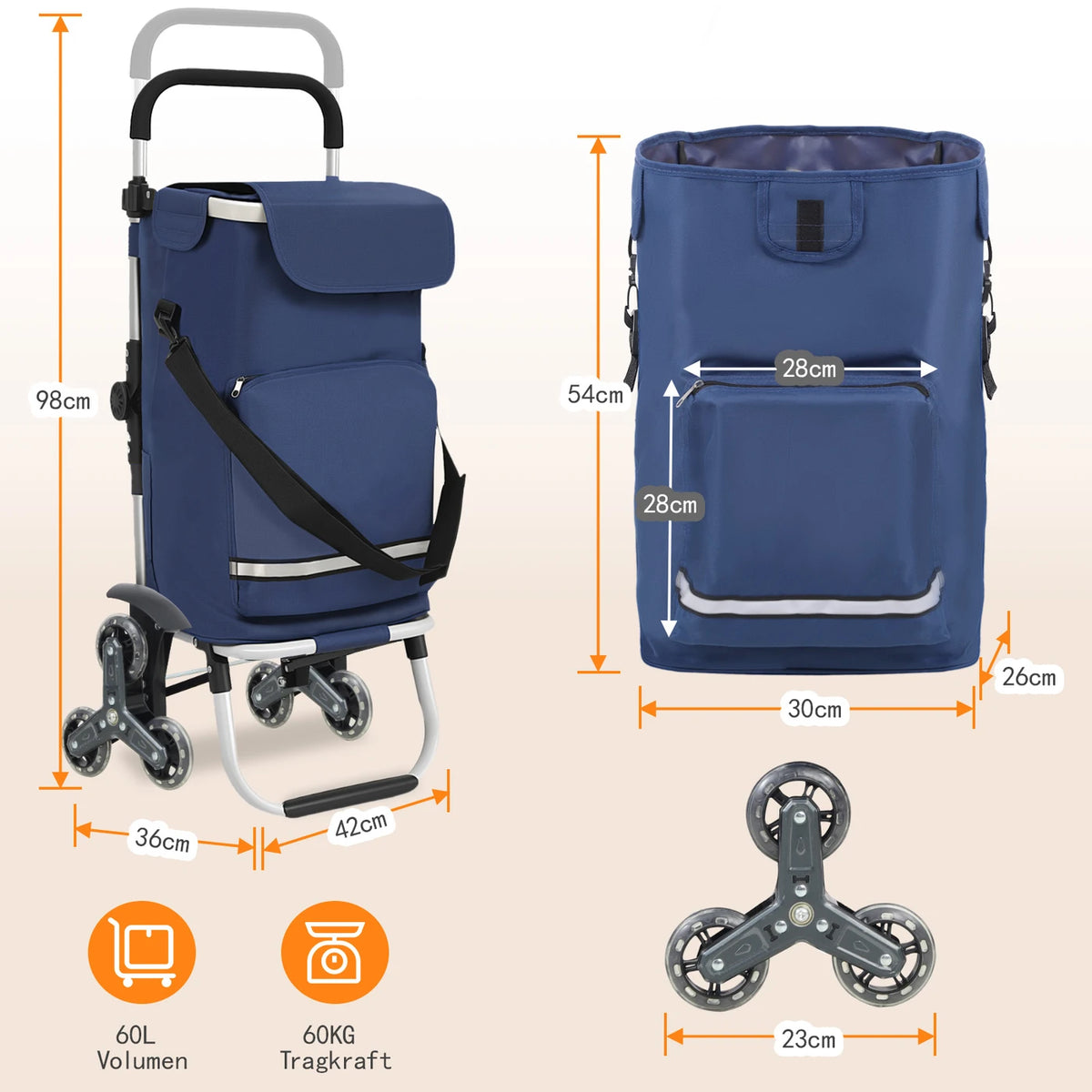 Opvouwbare Boodschappentrolley Traploper 60 L - 3-in-1 met Koelvak en 6 Wielen - Aluminium Frame - Blauw - 36 x 42 x 98 cm