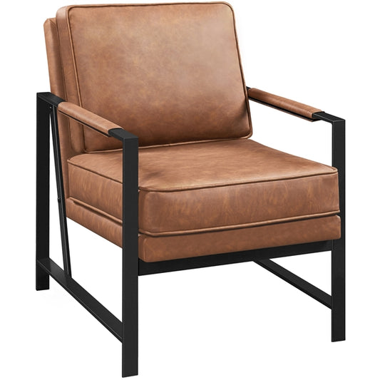 Yaheetech Retro loungestoel - Kunstleer met zwart metalen frame - Lichtbruin - 64 x 80 x 81 cm