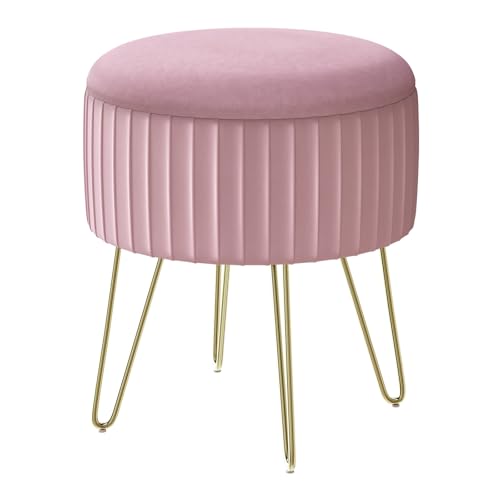 Woltu Opbergpoef Rond - Lichtroze Fluweel - 31,5x37,5 cm