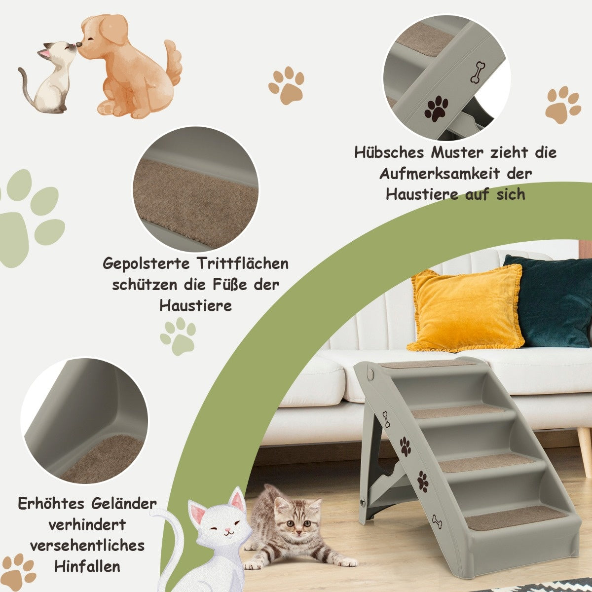 Coast Pet trappen met 4 stappen draagbare klimladder veilig honderd helling 62,5 x 38 x 49 cm grijs