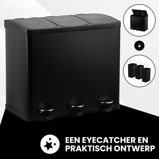 Bayt Prullenbak - Prullenbak 60 Liter - Vuilnisbak 60 liter - Pedaalemmer 60 Liter - Prullenbak 3 vakken - Prullenbak Afvalscheiding - 3x 20 liter - RVS - Zwart