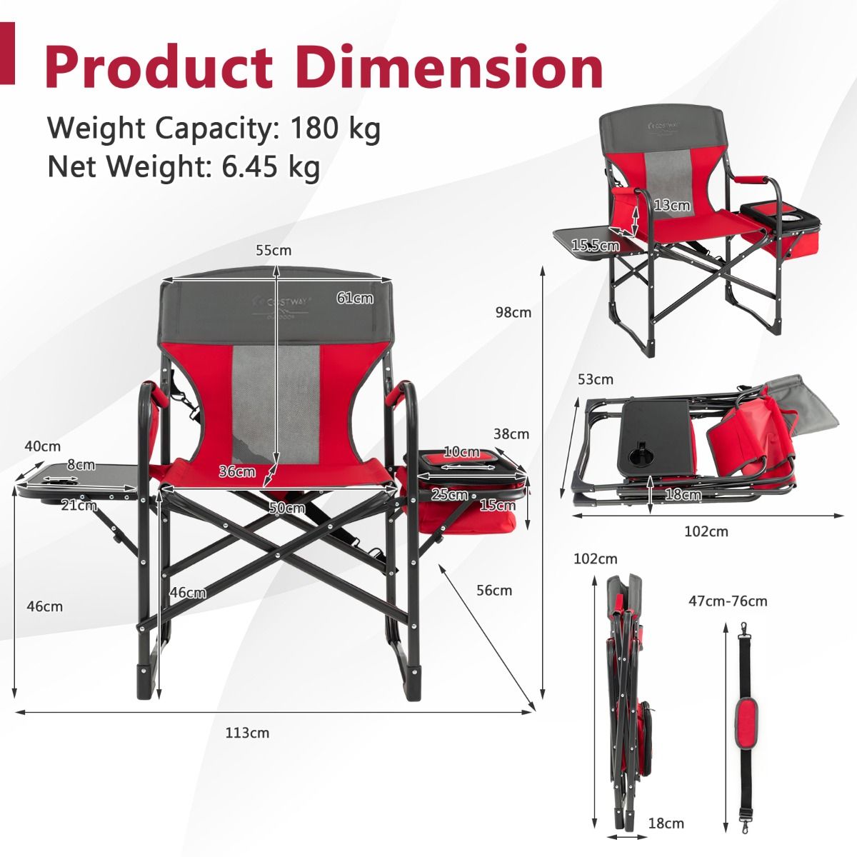 Coast Campingstoel - met zijtafel en koelbox - opvouwbaar - rood
