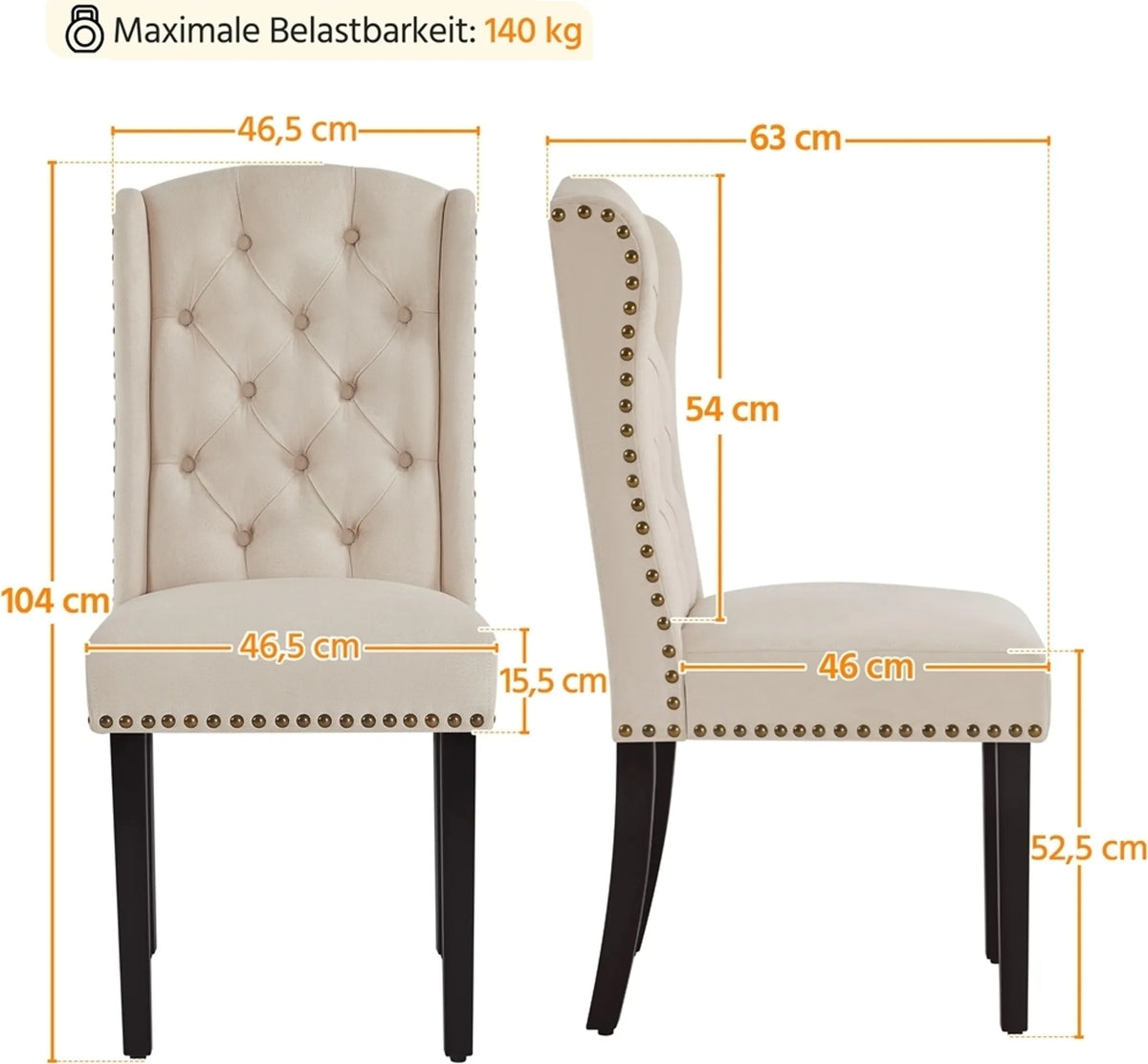 Eetkamerstoelen Set van 2 Vintage Gecapitonneerd met Houten Poten en Siernagels Beige
