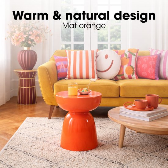 Mica Decorations Elliot Salontafel - Nachtkastje voor Slaapkamer of Woonkamer - Bijzettafel van IJzer voor Bloemen, Planten en Decoratie - H45 x Ø32 cm - Oranje