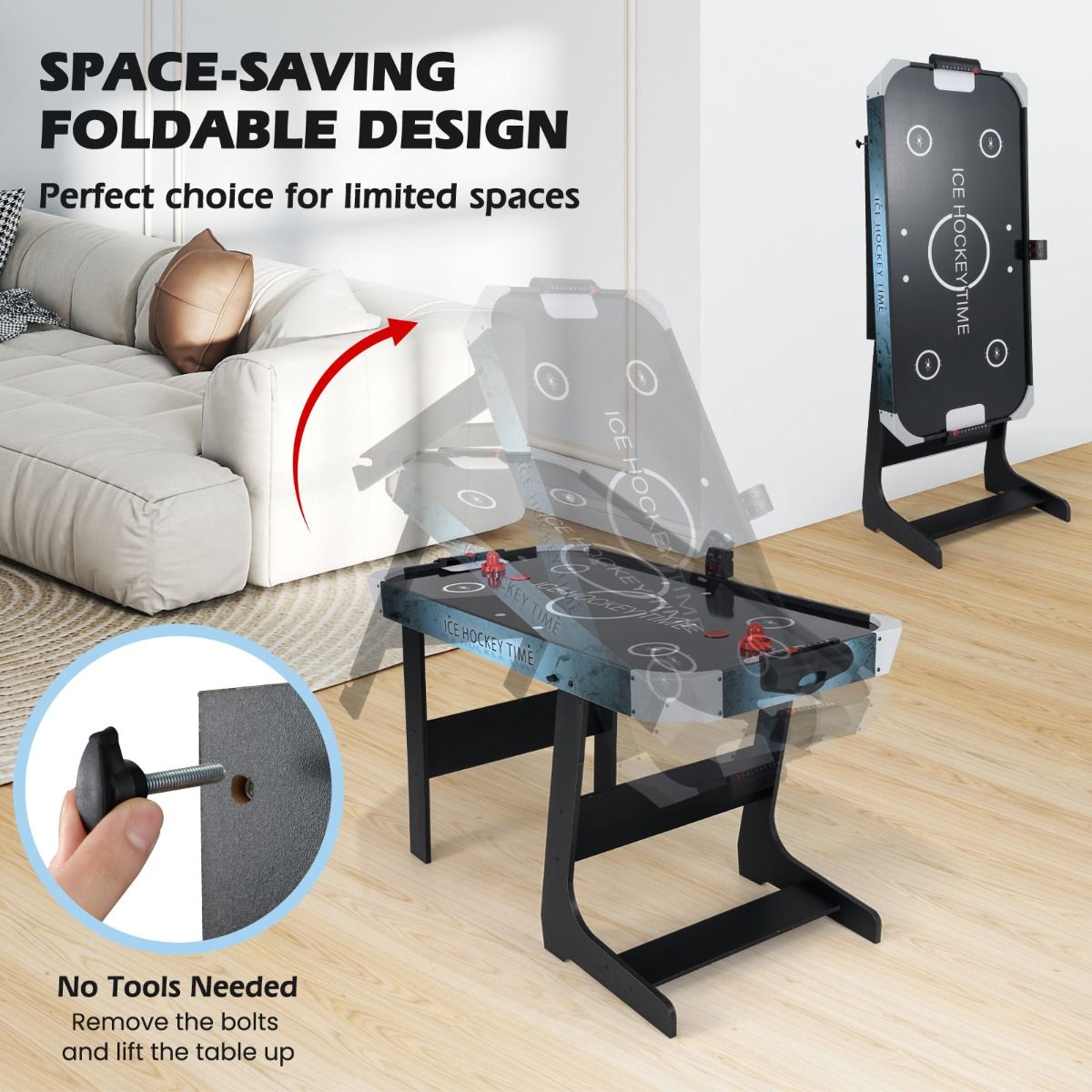 coast Opvouwbare Airhockeytafel – Zwart – 144x68x79 cm – LED-display & 12V Motor