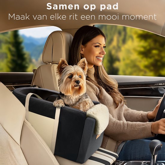 CozySense® Honden Autostoel - Hondenmand Auto met Wasbare Hoes - Voor Kleine Hond - Past in Middenconsole - Ook als Draagtas - Zwart/Beige