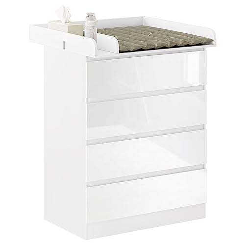 Woltu Commode met Verwijderbare Verschoningsmat en 4 Laden - Wit Hoogglans - Hoogte 110 cm
