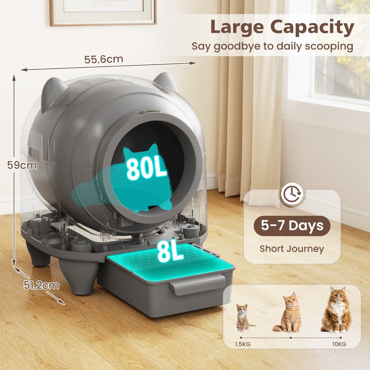 Coast Zelfreinigende Kattenbak - automatische kattenbak met app-bediening - fluisterstil - 80 liter - wit
