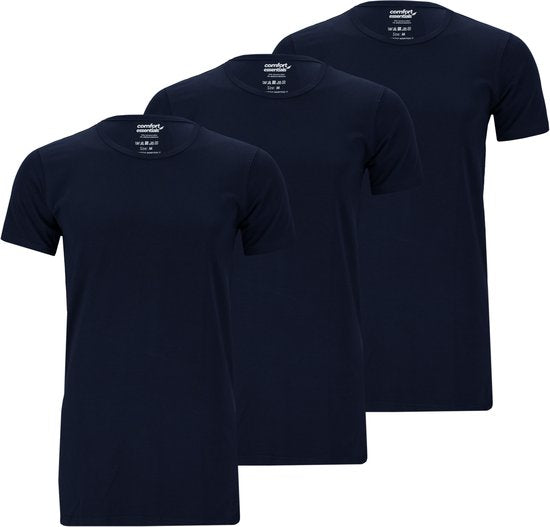 Comfort Essentials - T Shirts Heren - Extra Lang - Navy - Maat L - 3 Pack - Ronde Hals - Ondershirt Heren