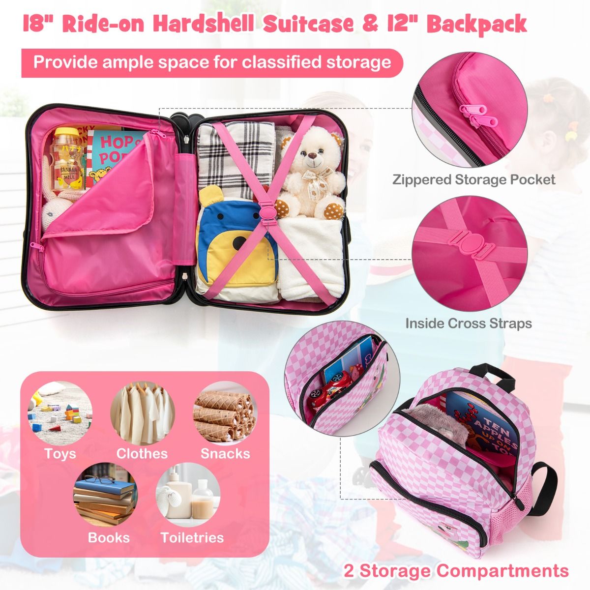 Coast Kinderkoffer en Rugzakset - 4-in-1 ontwerp - Zitfunctie - Roze