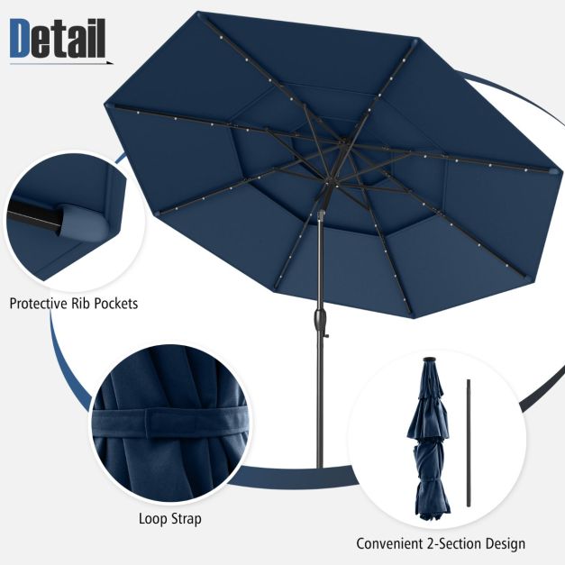 Coast Parasol met Solar LED – 3-Laagse Terrasparasol Ø313 x 248 cm – Donkerblauw