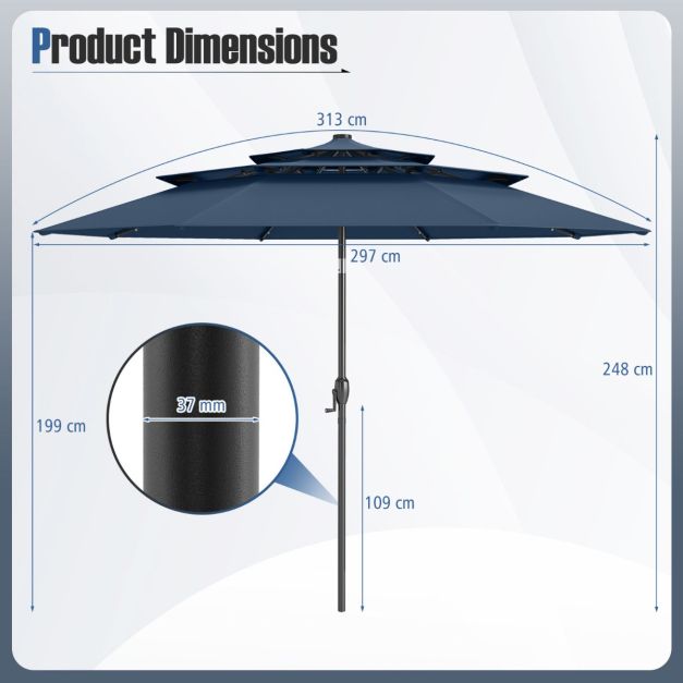 Coast Parasol met Solar LED – 3-Laagse Terrasparasol Ø313 x 248 cm – Donkerblauw
