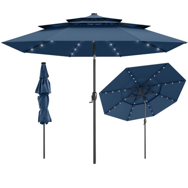 Coast Parasol met Solar LED – 3-Laagse Terrasparasol Ø313 x 248 cm – Donkerblauw