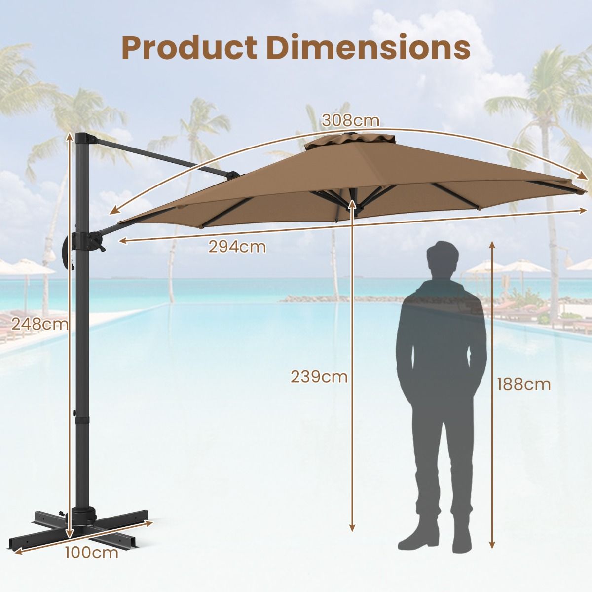 Coast Ronde Zweefparasol - 5-voudig verstelbaar - 360° draaibaar - aluminium paal - 308 x 248 cm - bruin