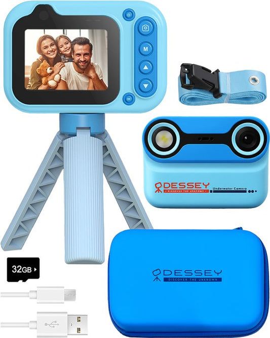 ODESSEY Waterdichte Kindercamera - met Tripod - Full HD - Selfie Camera - 32GB SD Kaart - Foto - Video - Spelletjes - Digitale Camera Kinderen - Fototoestel voor kinderen - Blauw