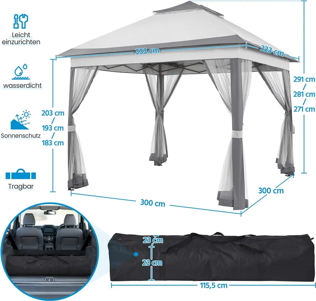 Yaheetech Pop-up Partytent 330 x 330 cm - Lichtgrijs/Donkergrijs - Opvouwbare Tuinpaviljoen met Dubbel Dak en 4 Mesh Zijwanden