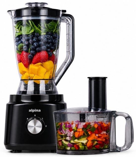 alpina 3-in-1 Foodprocessor, Blender en Smoothie Maker - Keukenmachine Multifunctioneel - Groentesnijder - Hakmolen - 2L - BPA-Vrij - Vaatwasserbestendig - FP413GS - Zwart