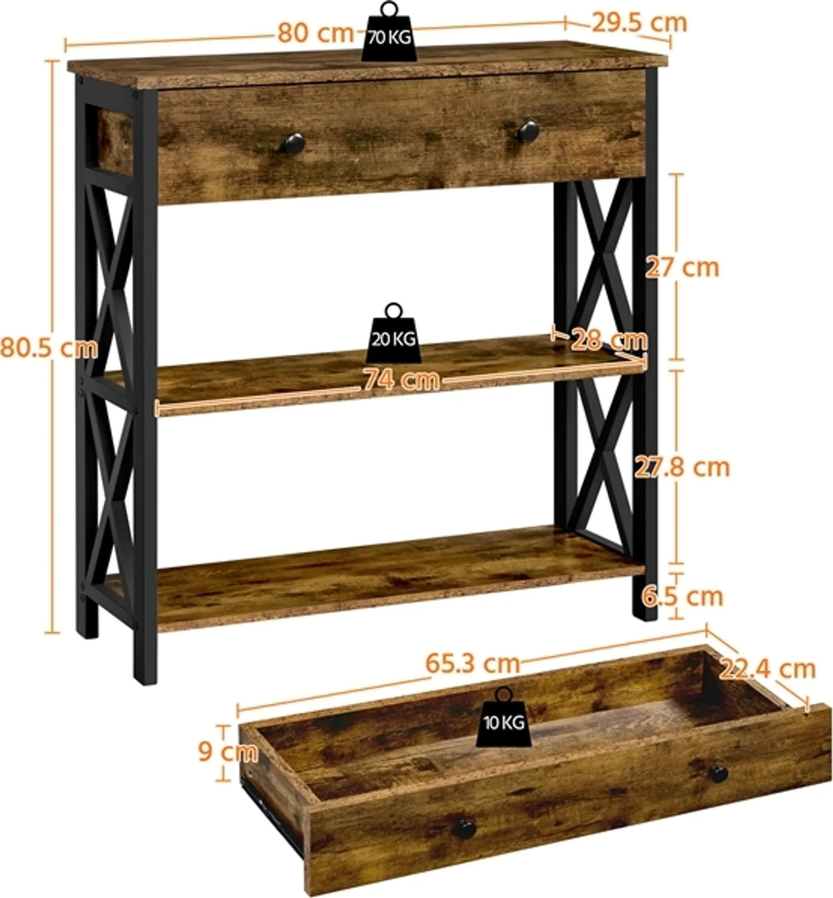 Yaheetech Smalle consoletafel met lade en 2 planken - 80 x 29,5 x 81 cm - Roestbruin