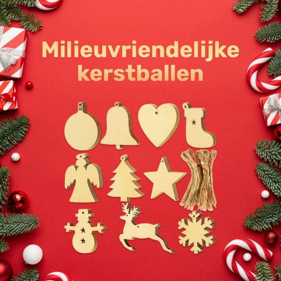 Giftmas Houten Kerstballen – Kerstversiering voor Binnen – Kerstbal van Hout – Kerst – 10 Vormen - ⌀7,5cm – 50 Stuks