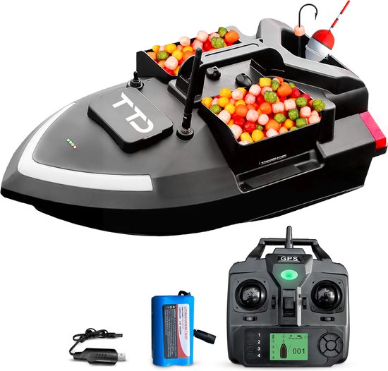 TTD® Premium GPS Voerboot voor Karpervissen - 500 Meter Bereik - Cruise Control - Hook Release - 40 GPS Posities - Drie Voerbakken - 2 kg Capaciteit - 12000 mAh Batterij - Visboot - Karper Boot - Vissersboot