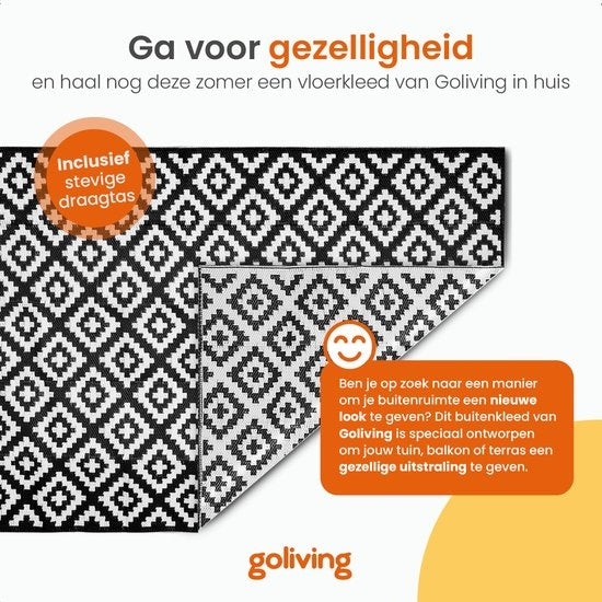 Goliving Buitenkleed Summer Diamond - 183x290CM - Tuintapijt - Buitentapijt - Vloerkleed - Tuinkleed - Omkeerbaar - Incl. Draagtas - Zwart/Wit