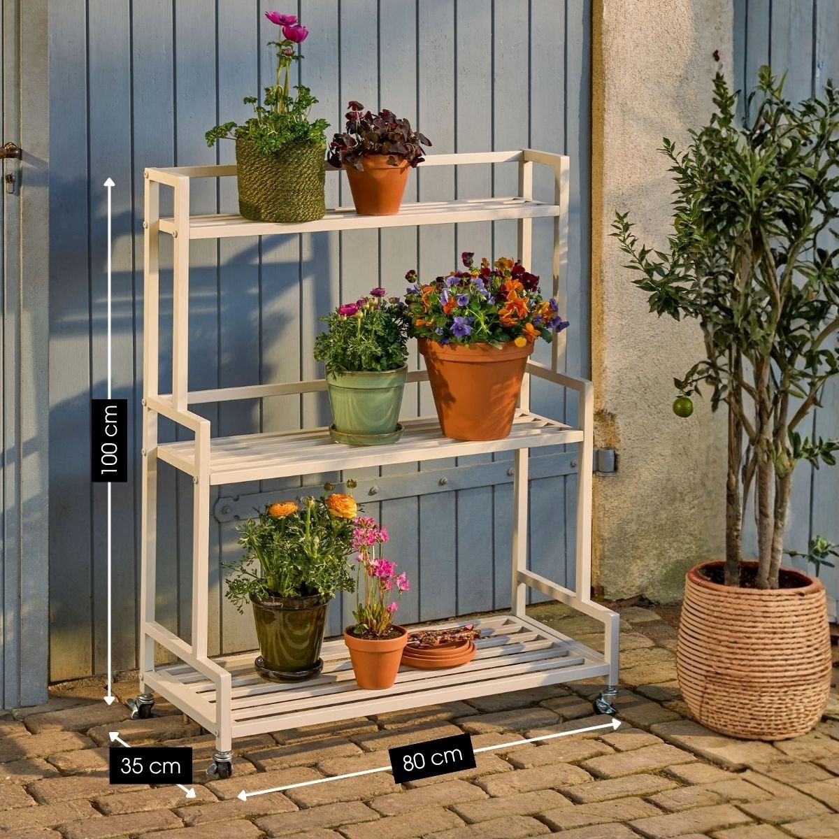 Mica Decorations Greenrax Plantenrek op Wielen - Meerdere Plateaus - 80 x 35 x 100 cm - Gebroken Wit