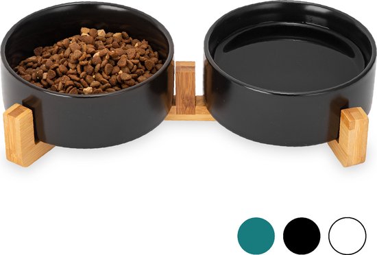 Voerbak Hond - Voerbak Kat - Drinkbak - Met Standaard - 2x 400 ml - Maat S - Zwart