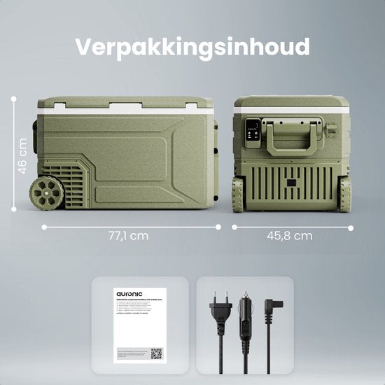 Auronic Elektrische Koelbox - Compressor - 64L - 12V en 240 volt - Camping Koelkast - Frigobox Auto - Met Wielen en Hendel - Groen
