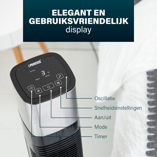 Slimme Torenventilator – Bladloos – Met App & Afstandsbediening – Timer – Energiezuinig – Princess 358280 – Zwart