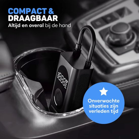 Vulpes Goods® Tech - Draagbare Compressor Bandenpomp - 6400mAh - Elektrische Fietspomp - Luchtcompressor voor Auto, Scooter, Fiets, Bal en Luchtbed - Incl. 7 opzetstukken - Zaklamp - Powerbank - Reiskoffer - PRO