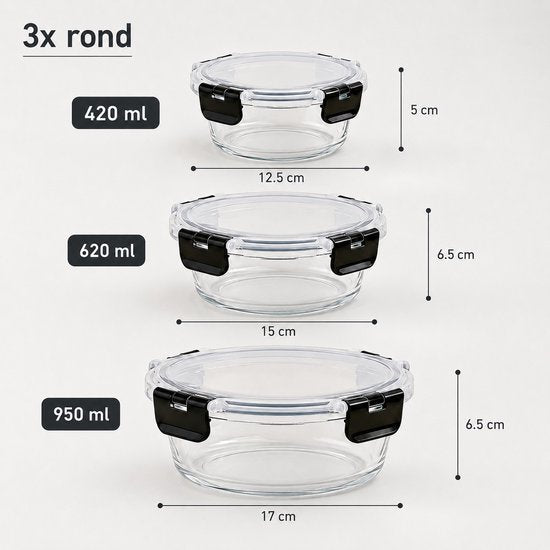 Ceruzo Meal Prep Bakjes Glas – 3 Stuks – Luchtdicht – Rond