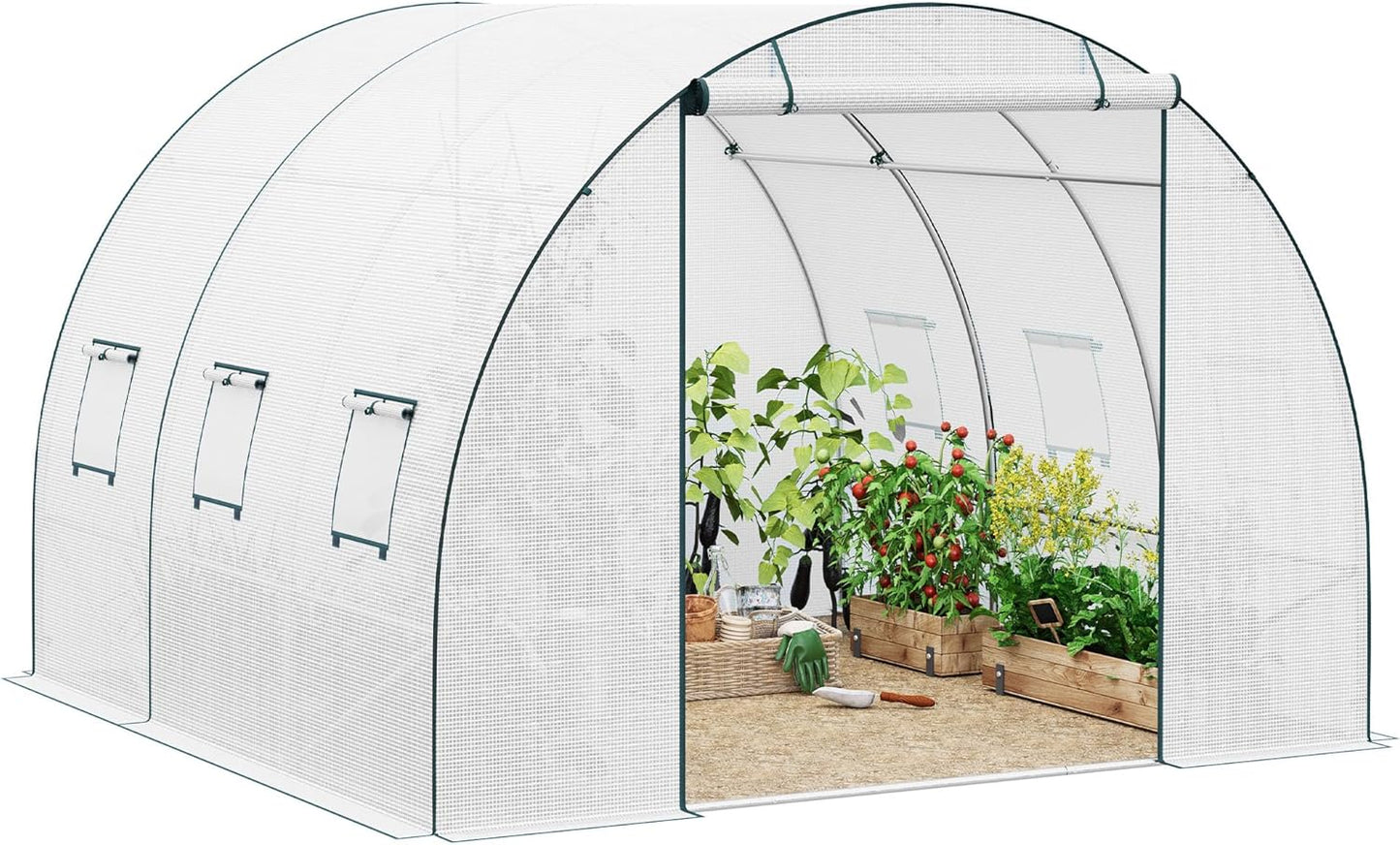 Woltu Foliekas Broeikas Wit 300 x 300 x 200 cm - Ruime Tomatenkas met Deur en 6 Ramen - Stalen Frame en PE Afdekking